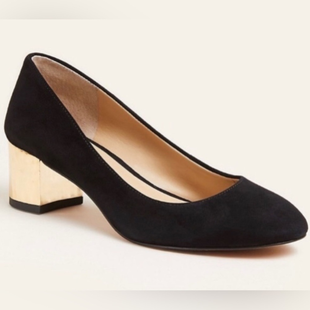 Ann Taylor Elegant Black Suede Pumps with Gold Chunky Heel. Size-6M